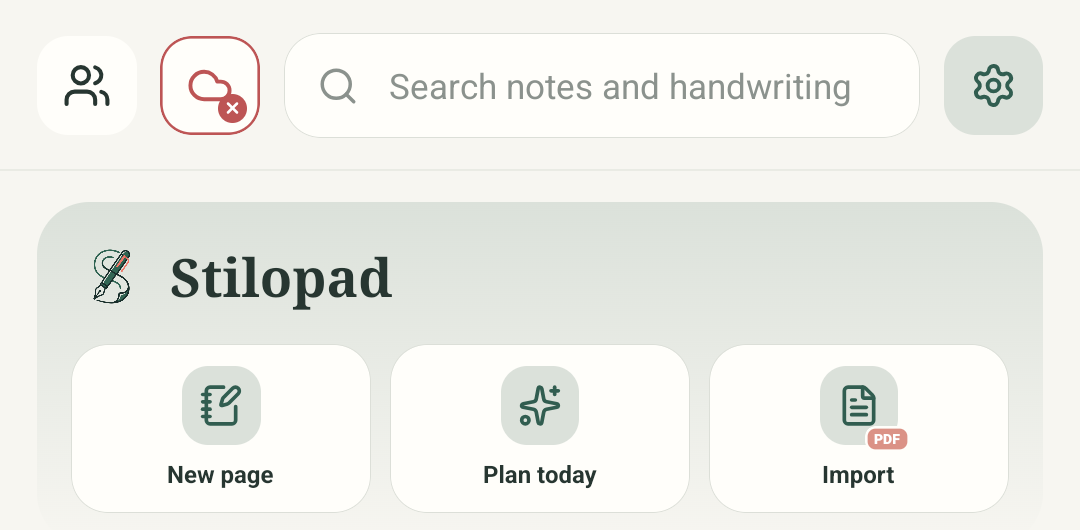 جزء من شاشة Stilopad الرئيسية على Android في المظهر الفاتح، ويعرض أزرار New page وPlan today وImport.
