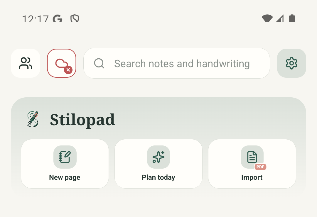 صفحهٔ اصلی Stilopad Light در Android با گزینهٔ Import.