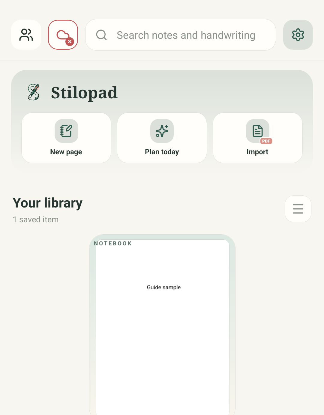 Regte Android Stilopad-biblioteek met die Import-aksie en een voorbeeldnotaboekkaart.