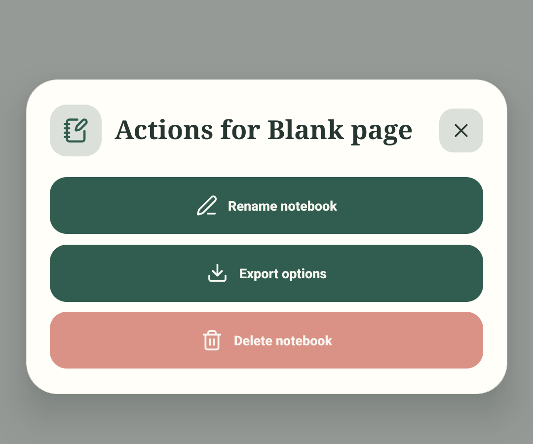 Regte Android Actions for Blank page-kieslys met Export options tussen Rename notebook en Delete notebook.