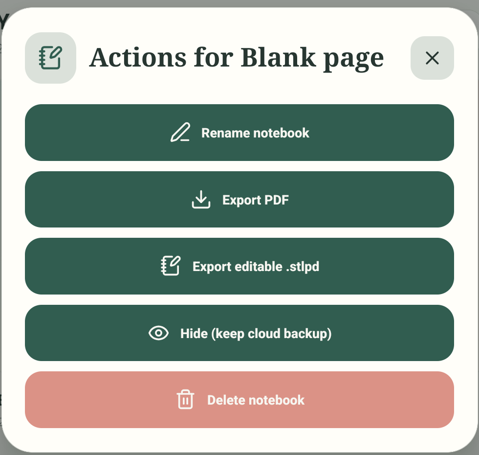 Regte Android-notaboek Actions-kieslys, uitgesny om Rename notebook, uitvoer, versteek en verwyder te wys.