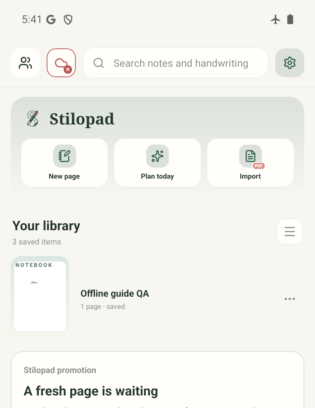 کتابخانهٔ واقعی Stilopad در Android در حالت پرواز با دفترچهٔ Guide Sample QA و نشان Drive وصلنشده.